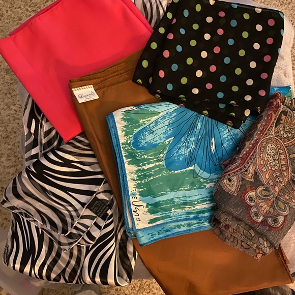 6 assorted size scarfs silk feel and polyester - Picture 1 of 5